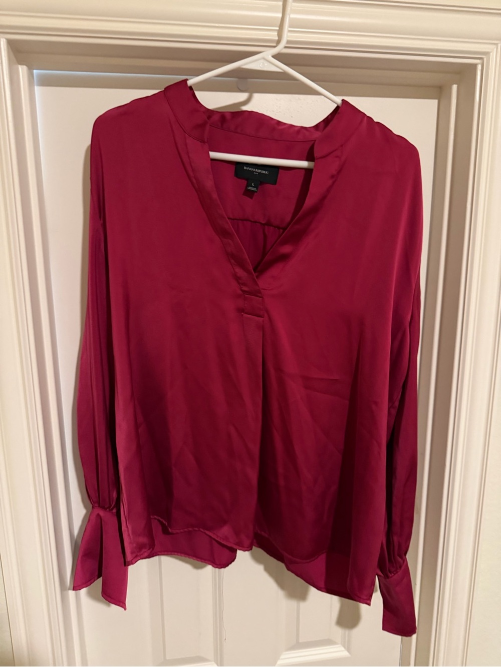 Banana Republic Deep Berry V-Neck Tie Cuff Blouse